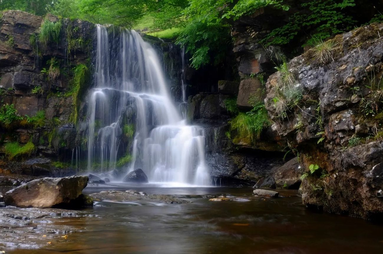 Waterfalls over limestone rocks in the Yorkshire Dales
